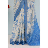 Generic Women's Linen Digital Print Saree With Unstitched Blouse 5.5Mtr (Blue)