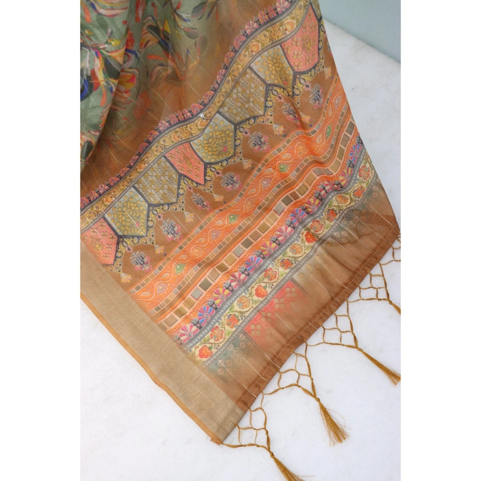Generic Women's Linen Digital Print Saree With Unstitched Blouse 5.5Mtr (Beige)