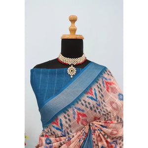 Generic Women's Linen Digital Print Saree With Unstitched Blouse 5.5Mtr (Multicolor)