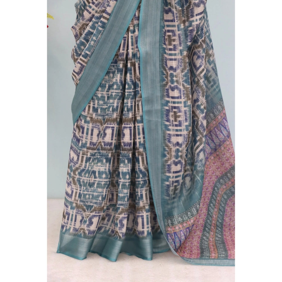 Generic Women's Linen Digital Print Saree With Unstitched Blouse 5.5Mtr (Green)