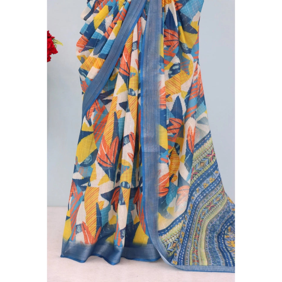 Generic Women's Linen Digital Print Saree With Unstitched Blouse 5.5Mtr (Multicolor)