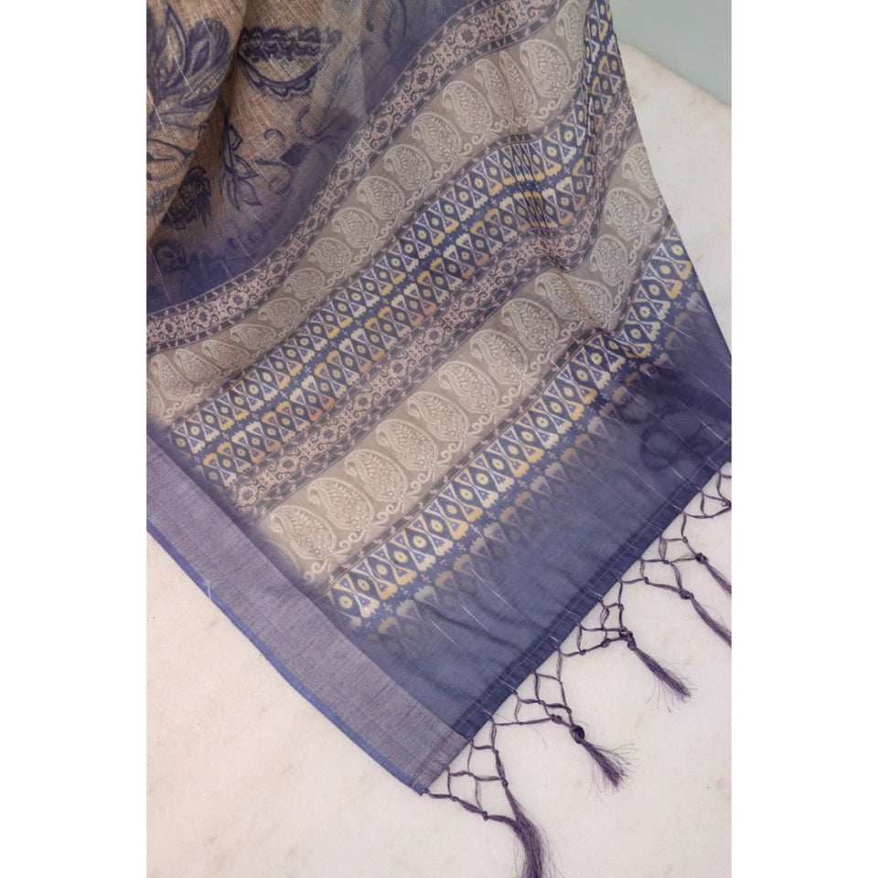 Generic Women's Linen Digital Print Saree With Unstitched Blouse 5.5Mtr (Blue)