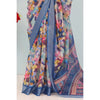 Generic Women's Linen Digital Print Saree With Unstitched Blouse 5.5Mtr (Blue)