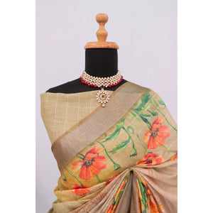 Generic Women's Linen Digital Print Saree With Unstitched Blouse 5.5Mtr (Multicolor)