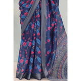Generic Women's Linen Digital Print Saree With Unstitched Blouse 5.5Mtr (Blue)
