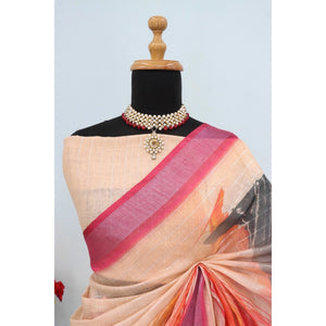 Generic Women's Linen Digital Print Saree With Unstitched Blouse 5.5Mtr (Multicolor)