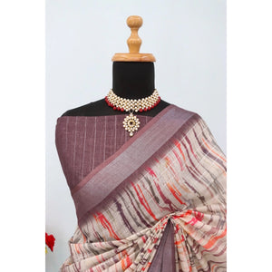 Generic Women's Linen Digital Print Saree With Unstitched Blouse 5.5Mtr (Grey)