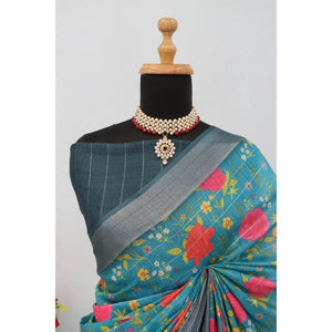 Generic Women's Linen Digital Print Saree With Unstitched Blouse 5.5Mtr (Green)