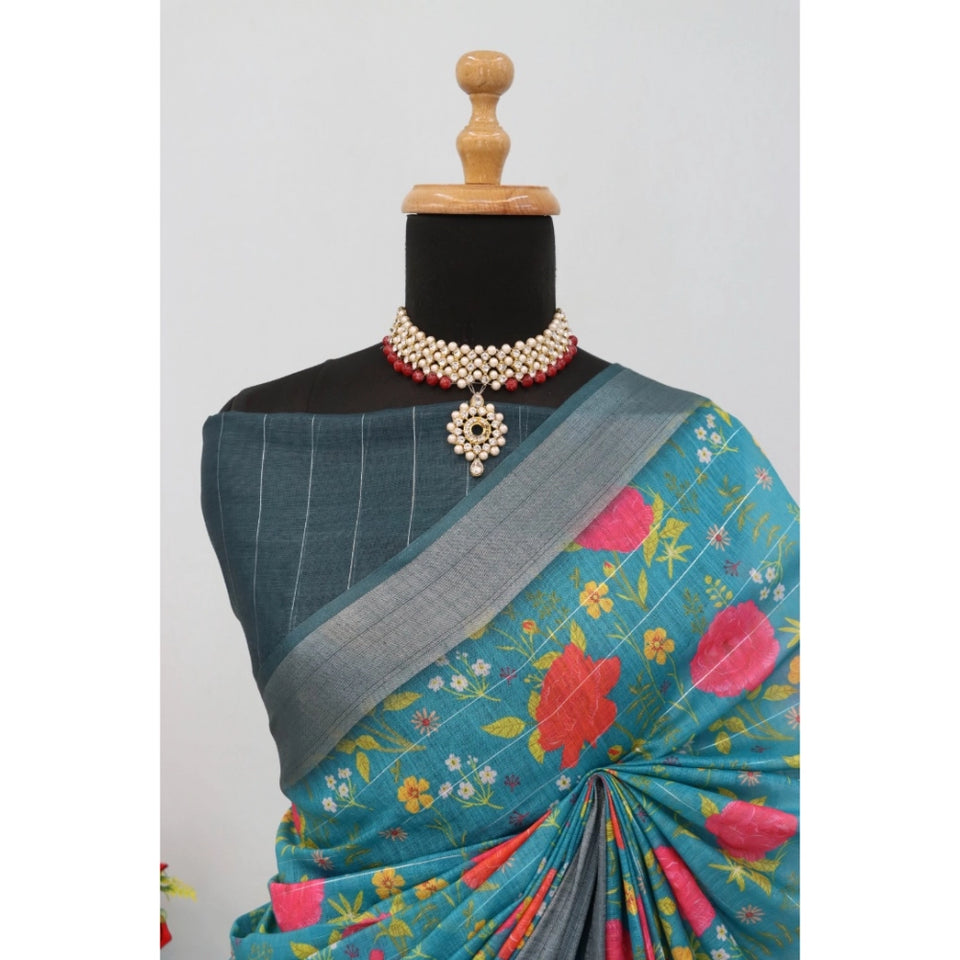 Generic Women's Linen Digital Print Saree With Unstitched Blouse 5.5Mtr (Green)