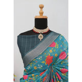 Generic Women's Linen Digital Print Saree With Unstitched Blouse 5.5Mtr (Green)