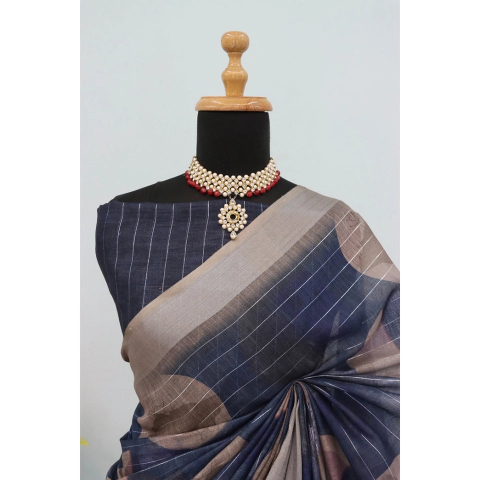 Generic Women's Linen Digital Print Saree With Unstitched Blouse 5.5Mtr (Blue)