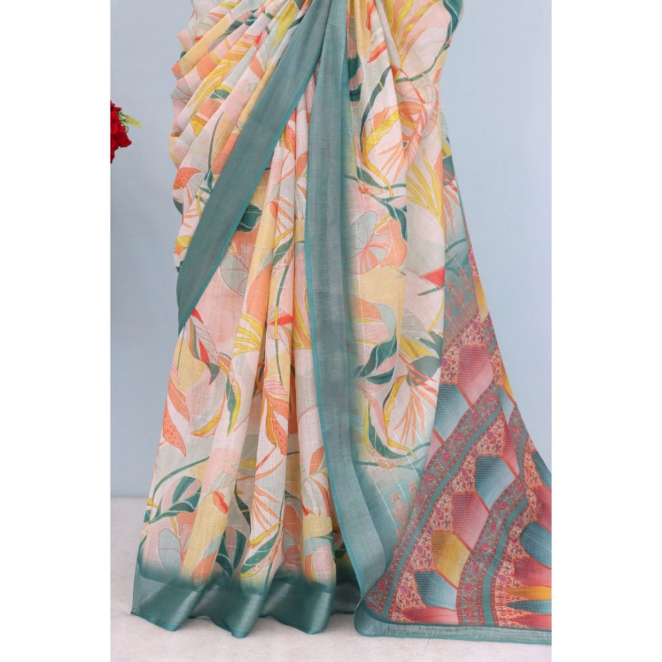 Generic Women's Linen Digital Print Saree With Unstitched Blouse 5.5Mtr (Green)