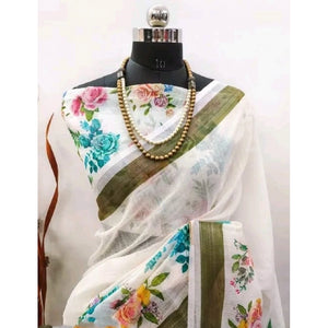 Generic Women's Cotton Linen Printed Saree With Unstitched Blouse 5.5Mtr (Multicolor)