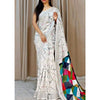 Generic Women's Cotton Linen Printed Saree With Unstitched Blouse 5.5Mtr (White)