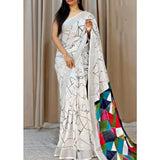Generic Women's Cotton Linen Printed Saree With Unstitched Blouse 5.5Mtr (White)