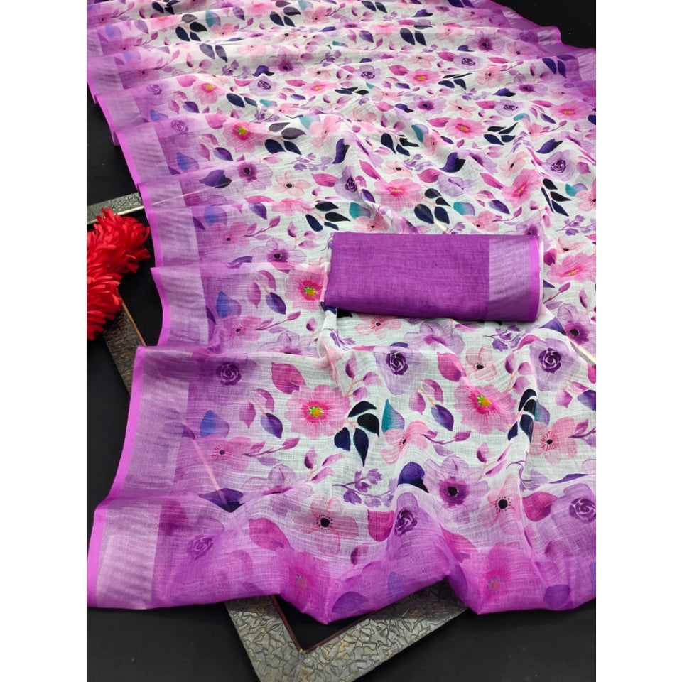 Generic Women's Cotton Linen Woven Design Saree With Unstitched Blouse 5.5Mtr (Purple)