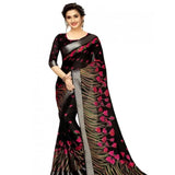 Generic Women's Cotton Linen Digital Print Saree With Unstitched Blouse 5.5Mtr (Black)