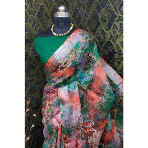 Generic Women's Cotton Linen Woven Design Saree With Unstitched Blouse 5.5Mtr (Green)
