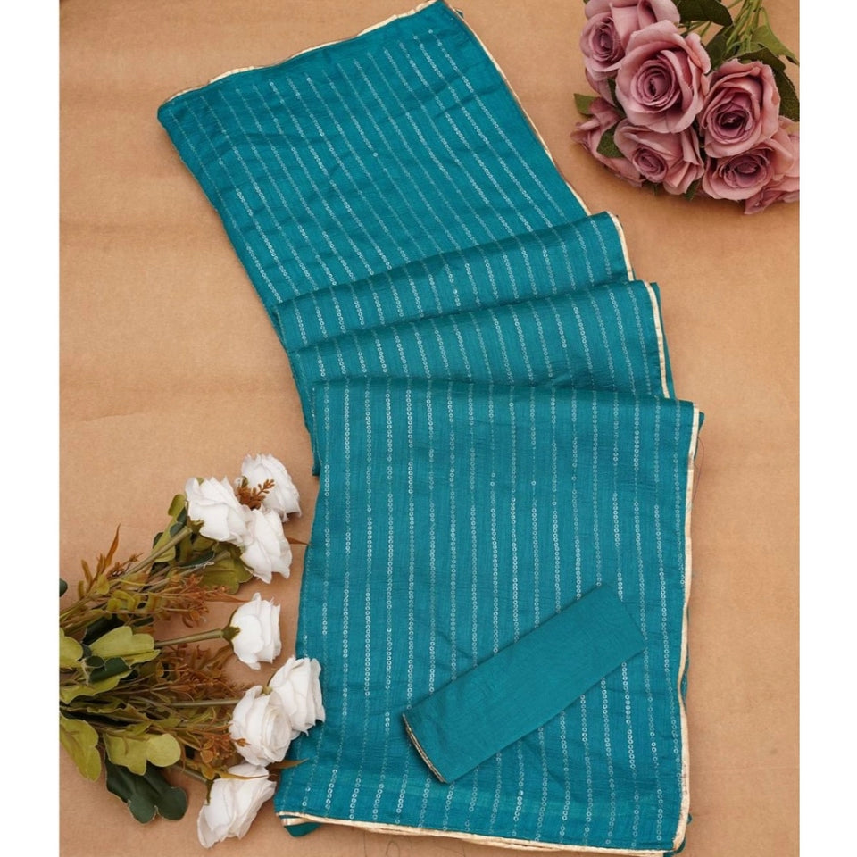 Generic Women's Vichitra Silk Striped Saree With Unstitched Blouse 5.5Mtr (Sky Blue)