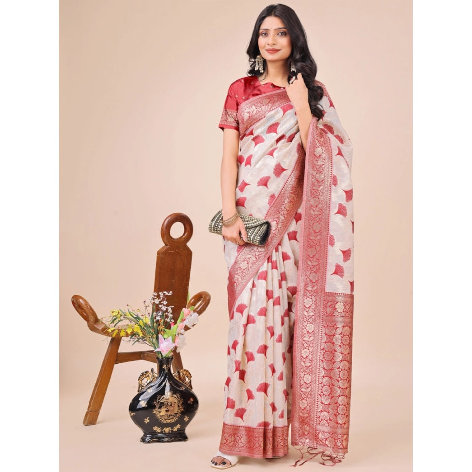 Generic Women's Linen Cotton Printed Saree With Unstitched Blouse 5.5Mtr (Maroon)