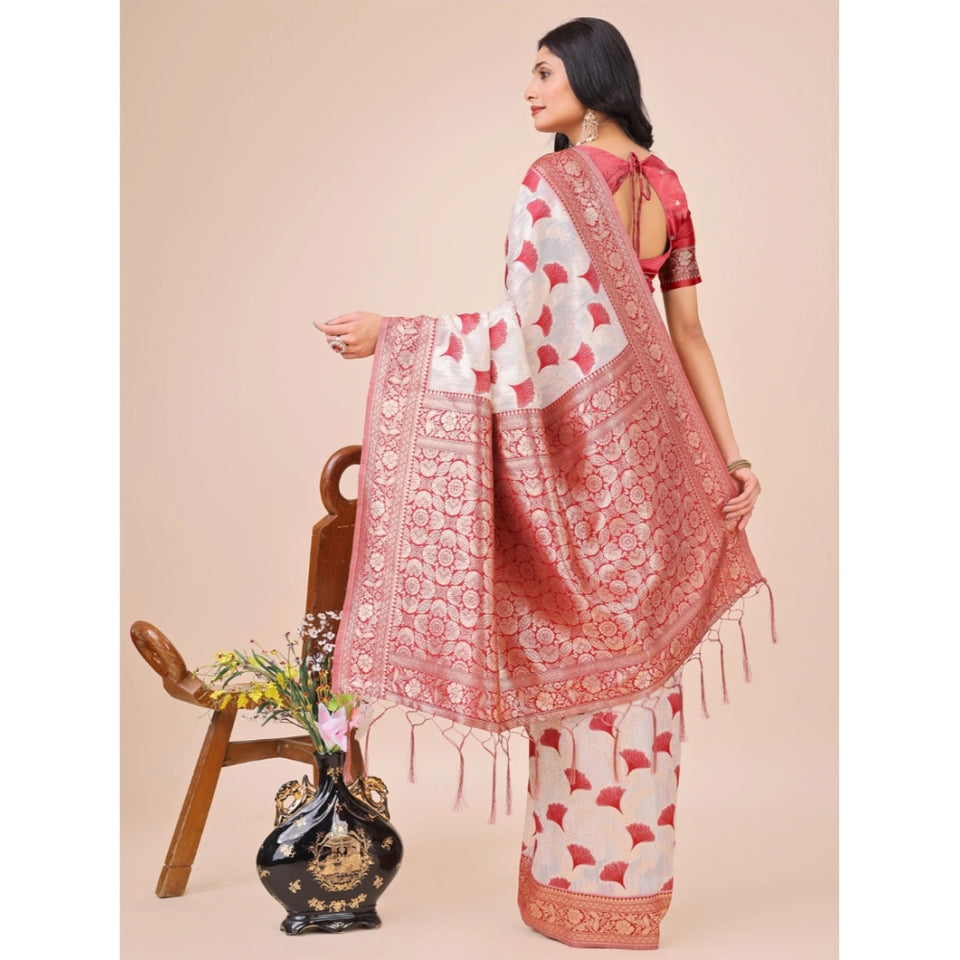 Generic Women's Linen Cotton Printed Saree With Unstitched Blouse 5.5Mtr (Maroon)
