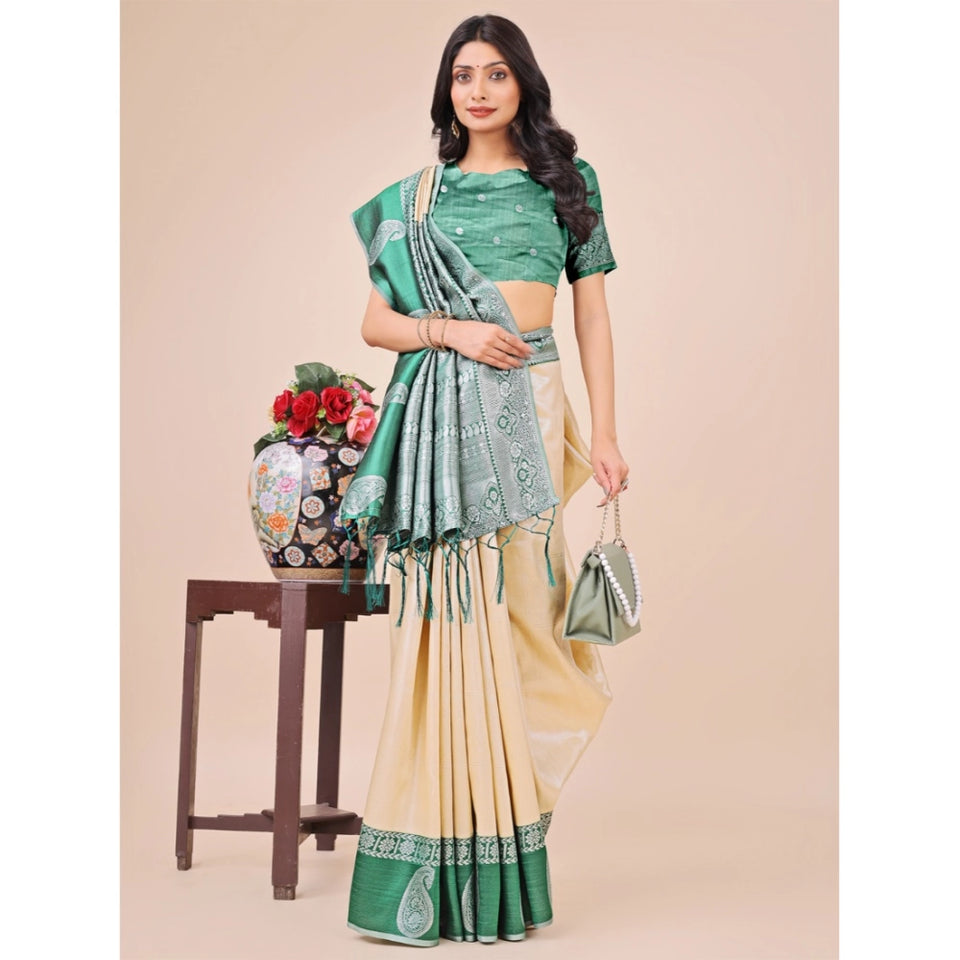 Generic Women's Lichi Silk Printed Saree With Unstitched Blouse 5.5Mtr (Cream)