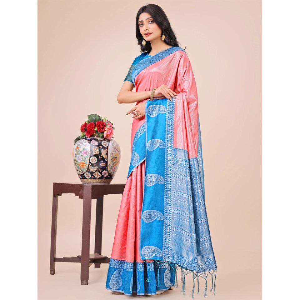 Generic Women's Lichi Silk Printed Saree With Unstitched Blouse 5.5Mtr (Peach)