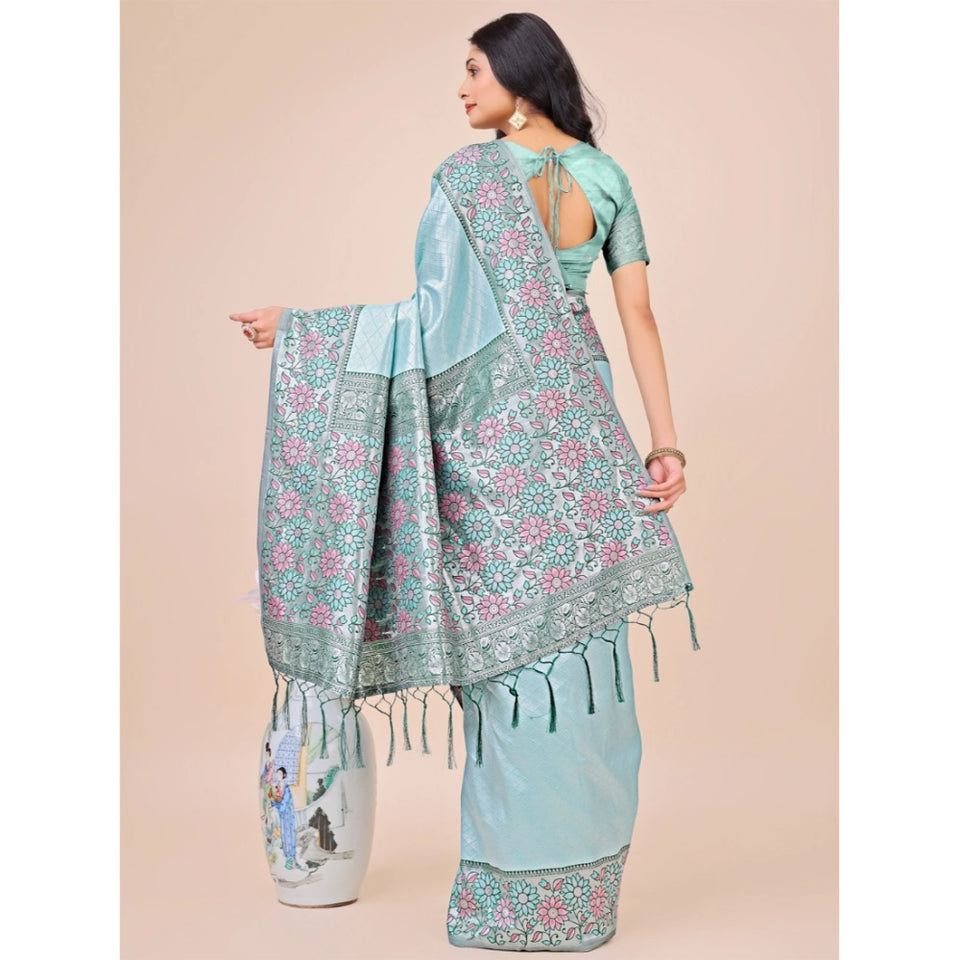 Generic Women's Lichi Silk Printed Saree With Unstitched Blouse 5.5Mtr (Teal)