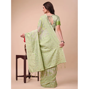 Generic Women's Cotton Printed Saree With Unstitched Blouse 5.5Mtr (Light Green)