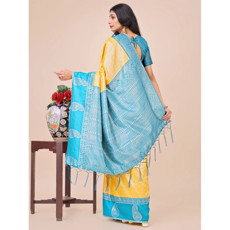 Generic Women's Lichi Silk Printed Saree With Unstitched Blouse 5.5Mtr (Yellow)