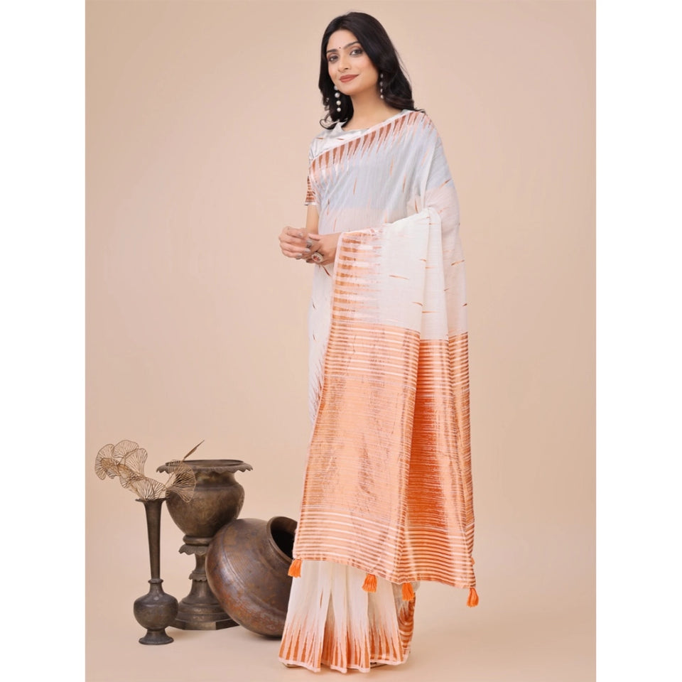 Generic Women's Linen Cotton Printed Saree With Unstitched Blouse 5.5Mtr (White)