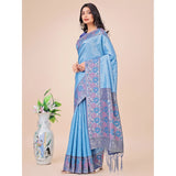 Generic Women's Lichi Silk Printed Saree With Unstitched Blouse 5.5Mtr (Sky Blue)