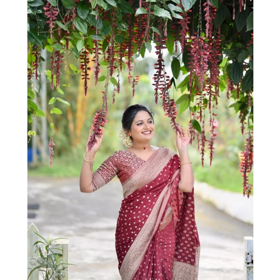 Generic Women's Silk Printed Saree With Unstitched Blouse 5.5Mtr (Maroon)