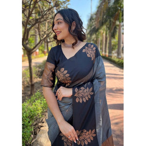Generic Women's Silk Printed Saree With Unstitched Blouse 5.5Mtr (Grey)