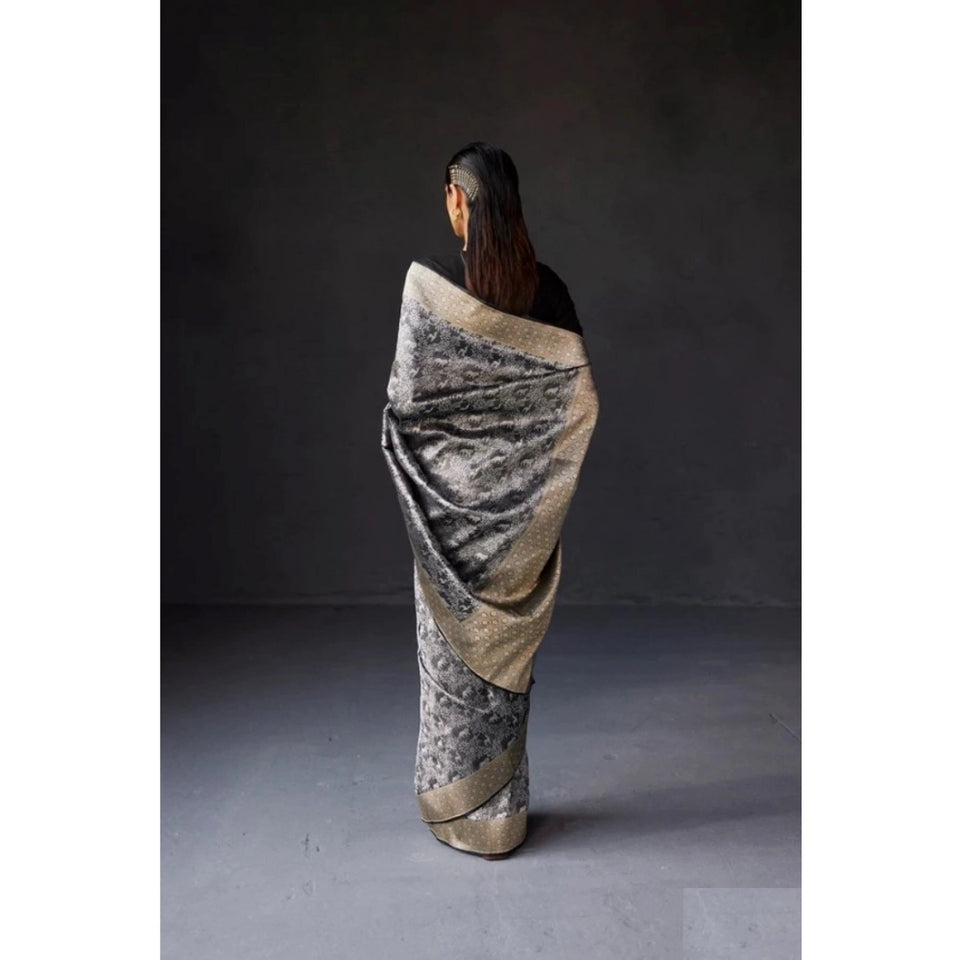 Generic Women's Silk Printed Saree With Unstitched Blouse 5.5Mtr (Grey)