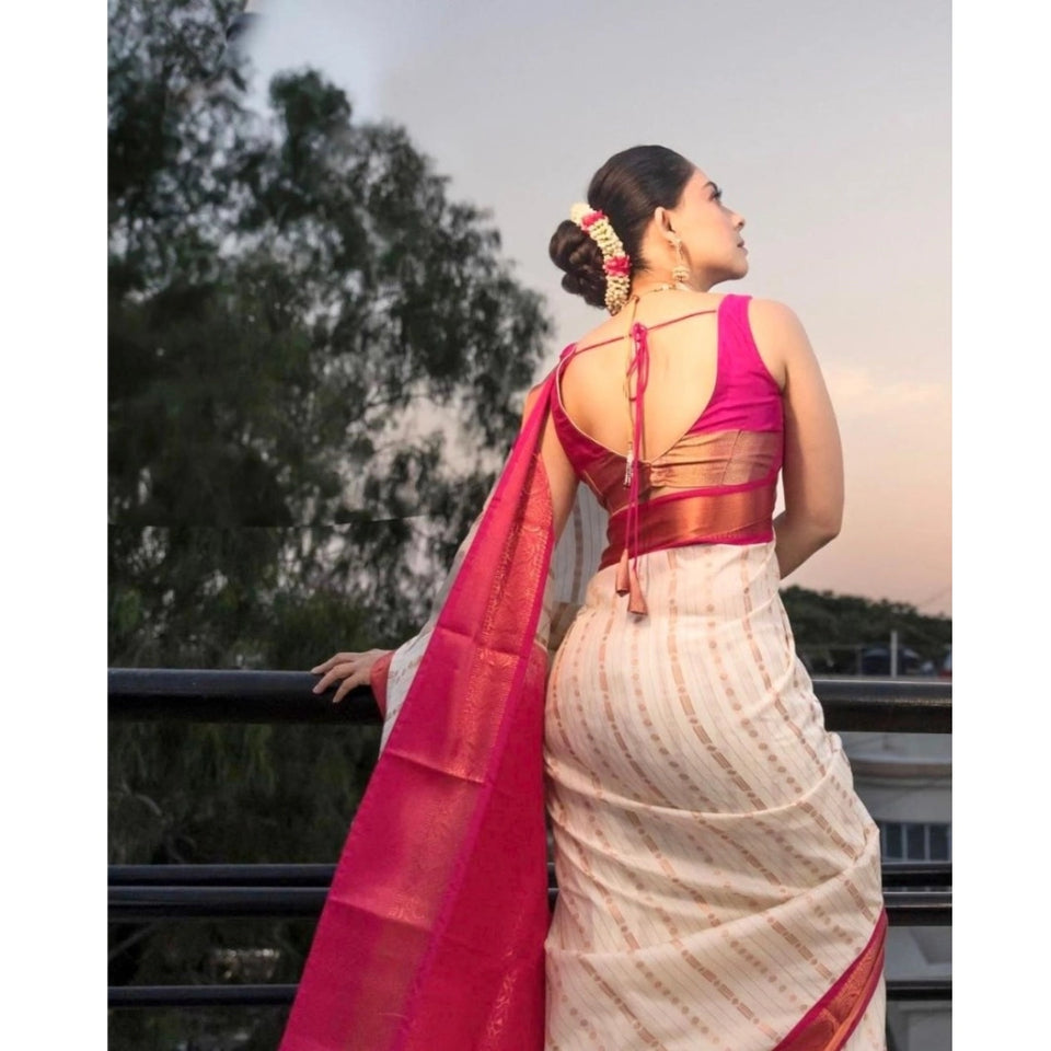Generic Women's Silk Printed Saree With Unstitched Blouse 5.5Mtr (White-Pink)