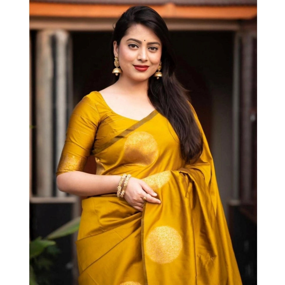 Generic Women's Silk Printed Saree With Unstitched Blouse 5.5Mtr (Yellow)