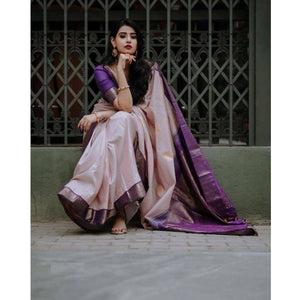 Generic Women's Silk Printed Saree With Unstitched Blouse 5.5Mtr (Purple)