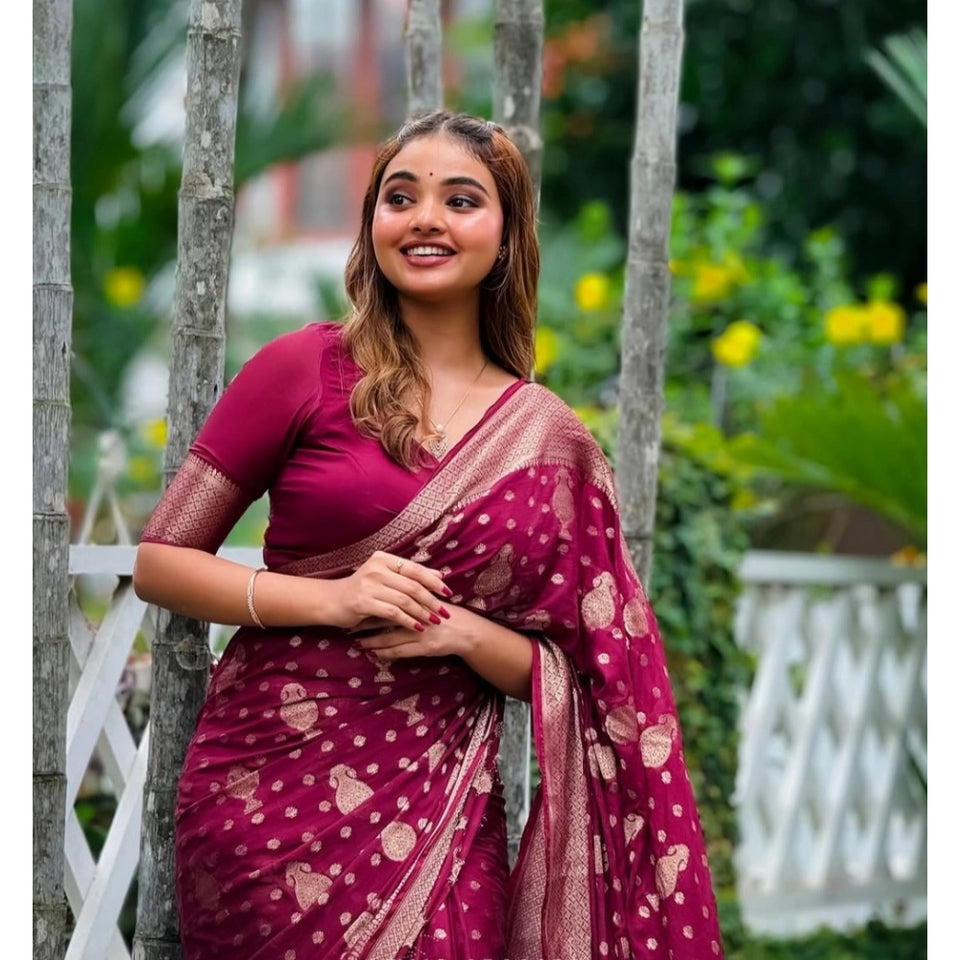 Generic Women's Silk Printed Saree With Unstitched Blouse 5.5Mtr (Wine)