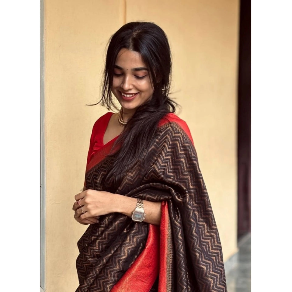 Generic Women's Silk Printed Saree With Unstitched Blouse 5.5Mtr (Brown)