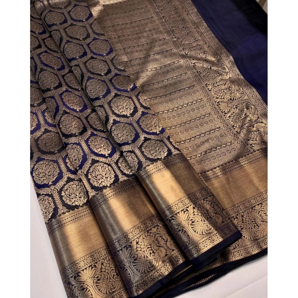 Generic Women's Silk Printed Saree With Unstitched Blouse 5.5Mtr (Navy Blue)
