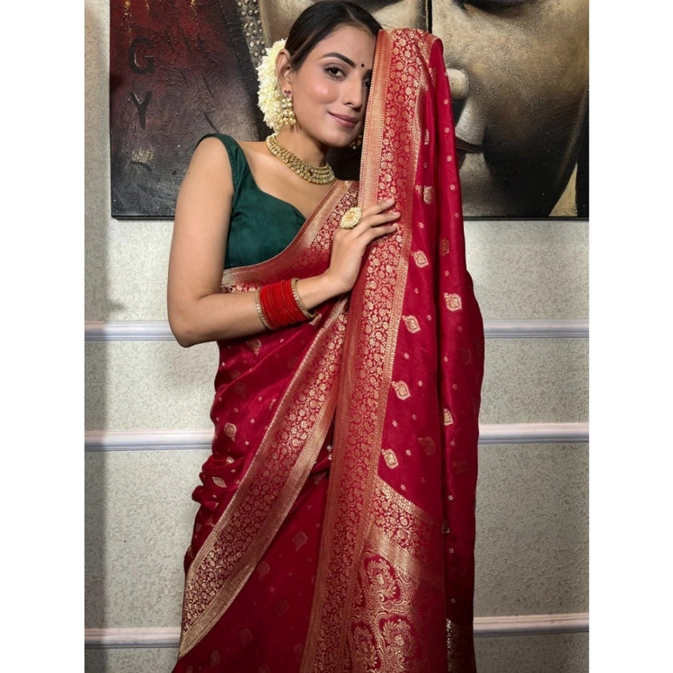 Generic Women's Silk Printed Saree With Unstitched Blouse 5.5Mtr (Red)