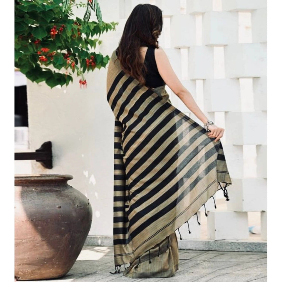 Generic Women's Silk Printed Saree With Unstitched Blouse 5.5Mtr (Gold-Black)
