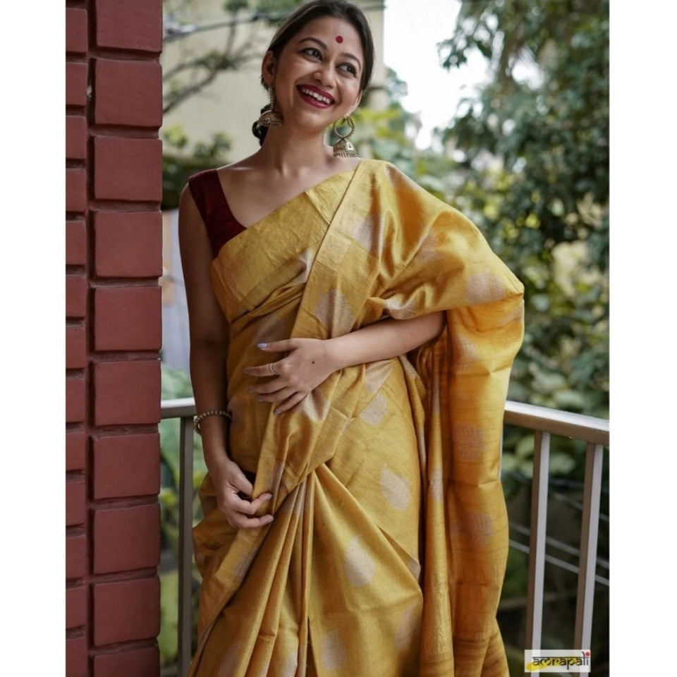 Generic Women's Silk Printed Saree With Unstitched Blouse 5.5Mtr (Yellow)