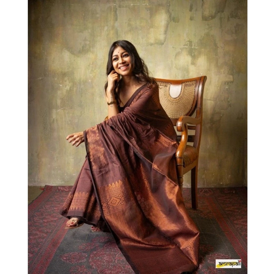 Generic Women's Silk Printed Saree With Unstitched Blouse 5.5Mtr (Coffee)