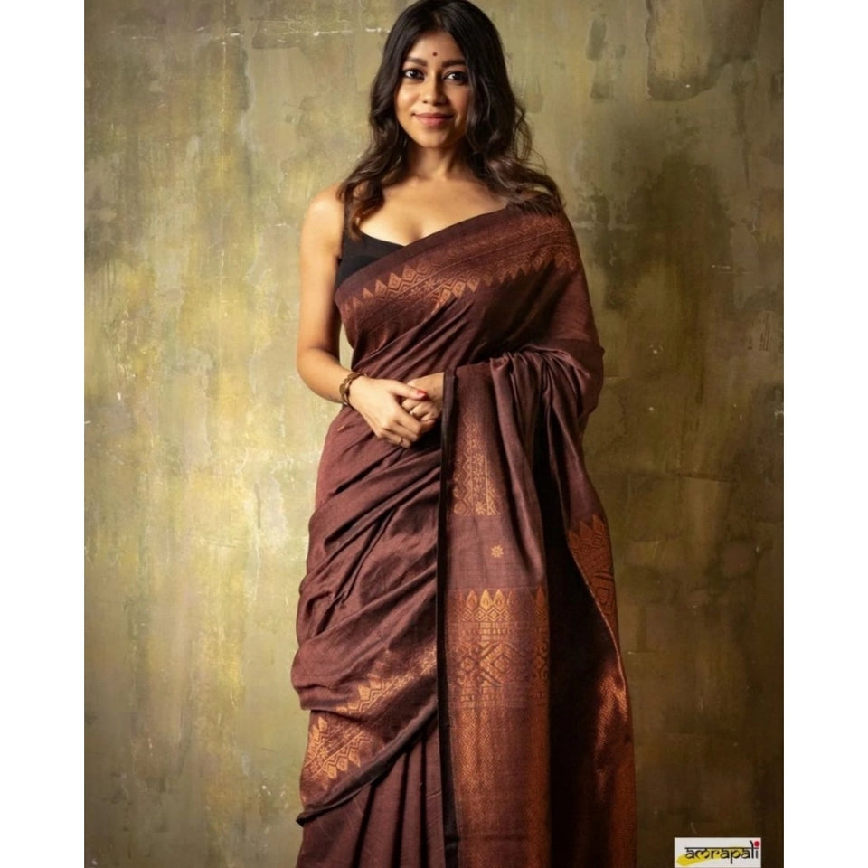 Generic Women's Silk Printed Saree With Unstitched Blouse 5.5Mtr (Coffee)