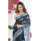 Generic Women's Silk Printed Saree With Unstitched Blouse 5.5Mtr (Black)