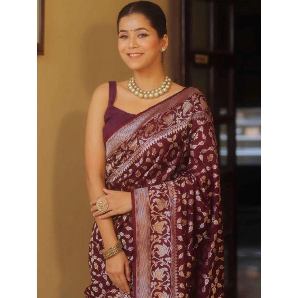 Generic Women's Silk Printed Saree With Unstitched Blouse 5.5Mtr (Maroon)