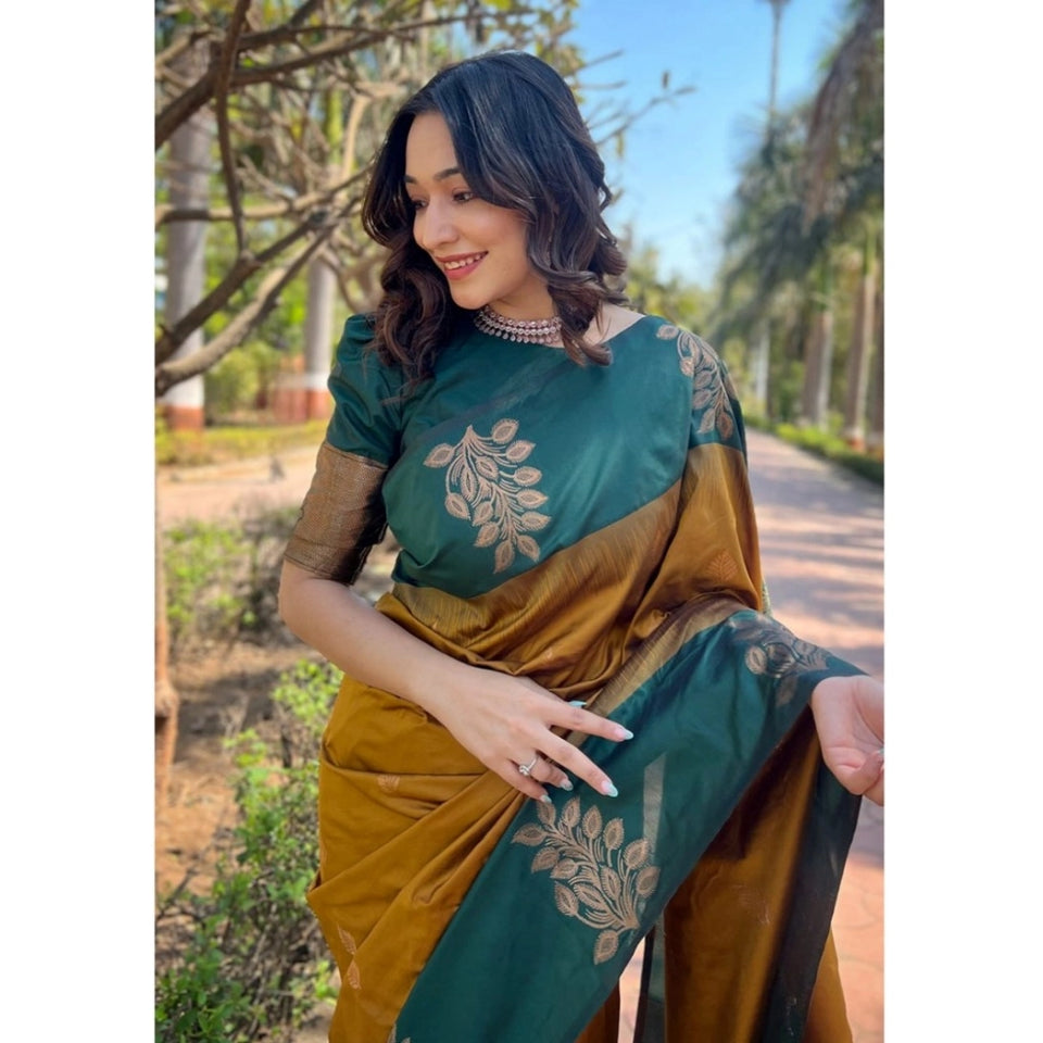 Generic Women's Silk Printed Saree With Unstitched Blouse 5.5Mtr (Yellow)
