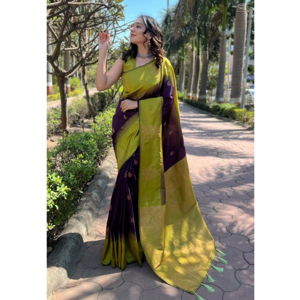 Generic Women's Silk Printed Saree With Unstitched Blouse 5.5Mtr (Wine)